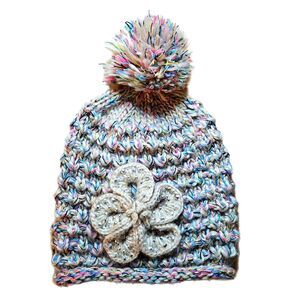 Hand Made  Chunky Knit Beanie w/Multi Color Ed Pom Crochet Flower Embellishment